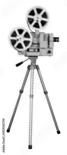vintage reel‑to‑reel film projector mounted on tripod isolated retro halftone grunge dotted texture cut-out collage element for mixed media design cinema movie history camera filmmaking equipment