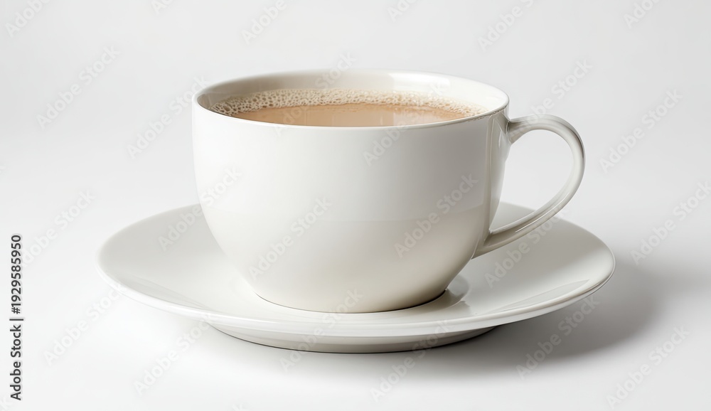 Fototapeta premium Creamy tea in a white cup and saucer. Close-up on a bright, minimalist backdrop