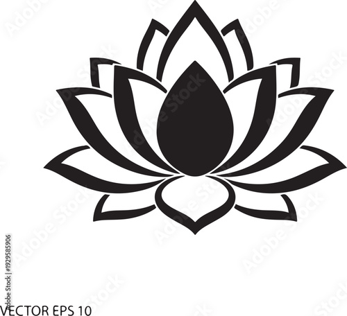 Black silhouette of a stylized lotus flower with layered petals black and white floral