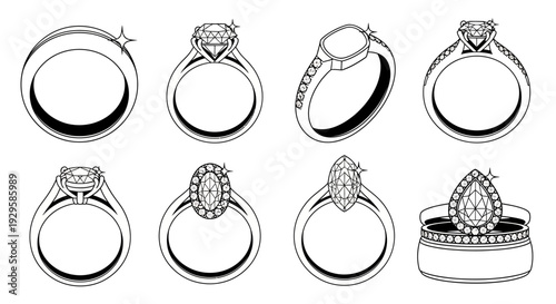 A collection of elegant diamond engagement rings and wedding bands, showcasing various designs from simple bands to ornate settings, perfect for jewelry and fashion inspiration