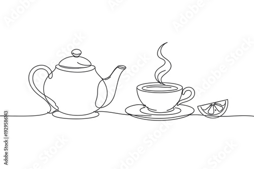 continuous line drawing of tea pot with tea leaves and cup
