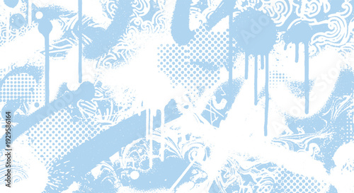 Abstract blue background with layered spray paint effects, drips, and intricate graphic patterns