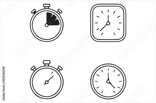 Four black and white timekeeping devices stopwatches and clocks