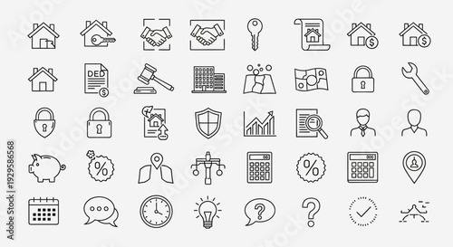 Comprehensive Real Estate and Financial Services Line Icon Set.