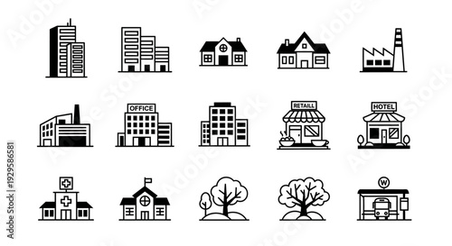 Diverse collection of building and nature icons in a minimalist black and white style.