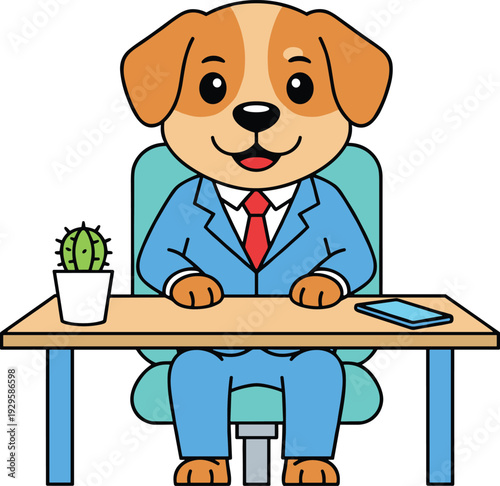 Cute Cartoon Business Dog Sitting at Office Desk with Suit and Tie, Professional Puppy Character Vector Illustration Isolated on White Background