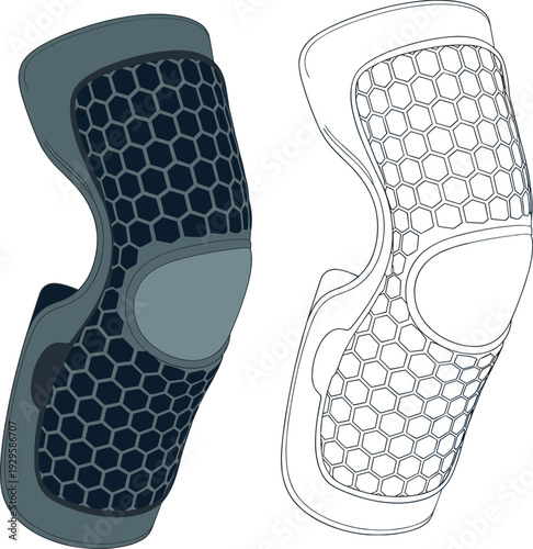 Technical fashion sketch of athletic knee pads with honeycomb protective padding and compression sleeve cad drawing flat vector illustration for sports gear designArt & Illustration