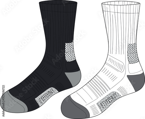 ATechnical fashion sketch of athletic crew socks with ribbed texture and reinforced arch support cad drawing flat vector illustration for performance sportswear designrt & Illustration