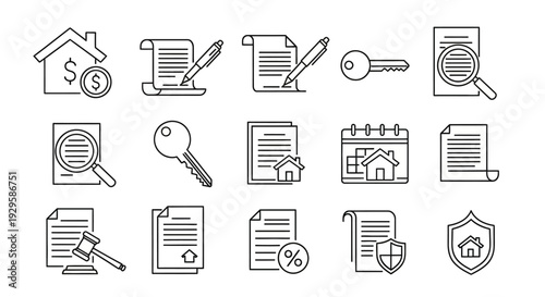 Real Estate and Property Management Line Art Icons Set.