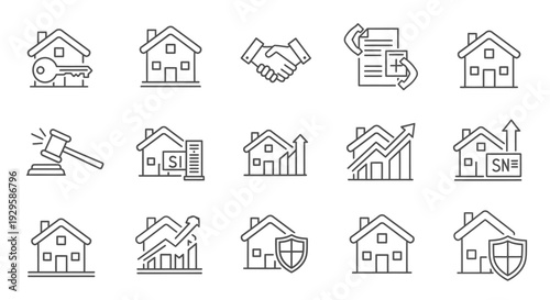 Real Estate and Property Management Line Icons Set.