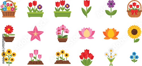 Flower icon collection with potted plants tulips sunflowers and decorative garden floral elements