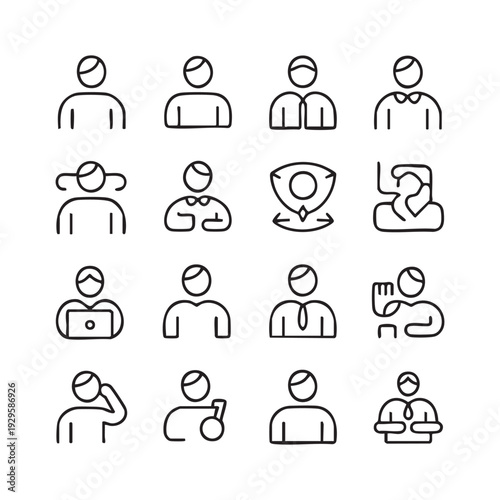 Simple line icons depicting diverse people and their profiles