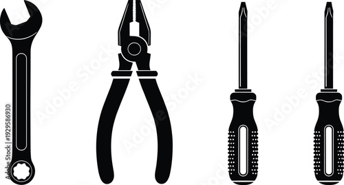 Black silhouette icons of professional hand tools including adjustable wrench pliers and screwdrivers isolated on white background for hardware repair and construction design