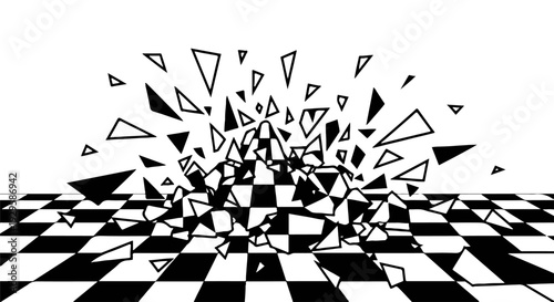 Exploding Chessboard Black and White Vector Illustration