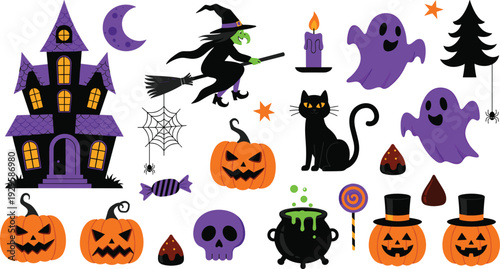 Halloween Vector Illustration Set – Spooky Haunted House Witch on Broomstick Jack-O-Lantern Pumpkins and Purple Ghosts for Seasonal Party Design