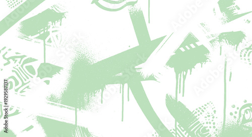 Abstract background in light green and white with energetic spray paint effects and graphic elements