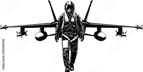 Black and white silhouette of military fighter pilot walking confidently with modern jet aircraft and missiles isolated background