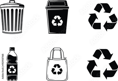 Recycling and Waste Management Icons Set with Trash Can Bin Plastic Bottle Eco Bag and Recycle Symbols Vector Illustration