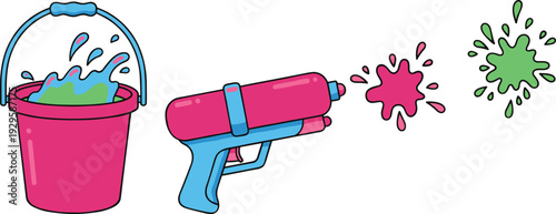 Colorful Water Gun and Bucket with Splash Effects, Summer Kids Toy Vector Illustration Isolated on White Background