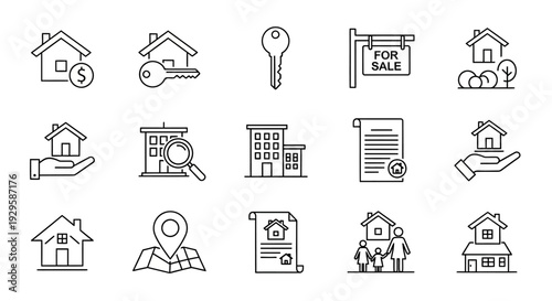 Real Estate Line Icons Set - Houses, Keys, For Sale Signs, and Property Concepts.