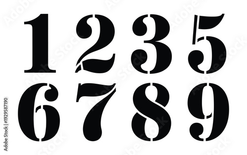 Classic stencil number set from one to nine with vintage black serif typography for industrial marking and creative signage design