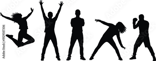 Black and white silhouettes of active people jumping, celebrating, stretching and boxing poses, dynamic human figures isolated on white background