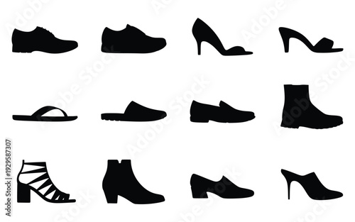 Mens and womens footwear silhouette collection featuring various styles including heels boots sandals and formal shoes for fashion