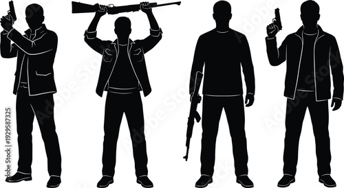 Black and white silhouettes of armed men in different poses, security, tactical, standing figures isolated on white background, vector, set