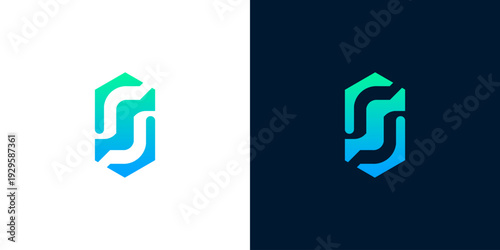 Abstract Geometric Logo Design Featuring Interlocking Elements on White and Dark Backgrounds