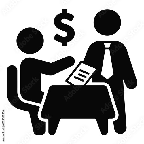 Business meeting icon with two people a table a document and dollar sign business financial transaction concept