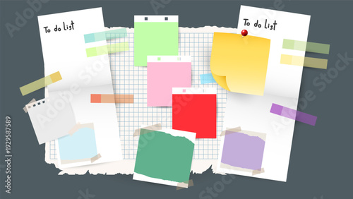 Collection of paper notes, sticky pads, torn papers, and stationery elements on dark background, Vector illustration EPS 10