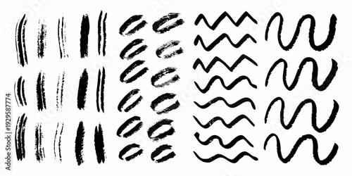 Collection of abstract black brush strokes and wavy line patterns