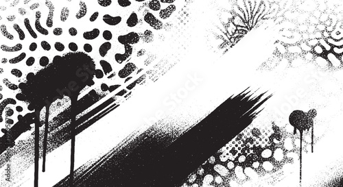 Expressive black and white abstract background with organic shapes, paint splatters, and rough brush marks for a dynamic, textured, and artistic feel.