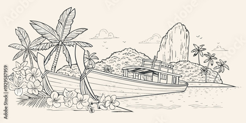 Tropical scene featuring a boat palm trees and a mountainous island