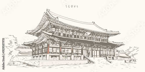 Sketch of a traditional korean temple in seoul south korea