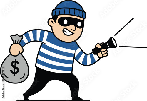 Cartoon Thief Character Holding Money Bag and Flashlight, Funny Burglar Mascot Vector Illustration Isolated on White Background