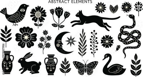 Abstract folk art elements collection, black silhouette vector set with animals, flowers, moon, snake, butterfly and decorative botanical shapes isolated on white background