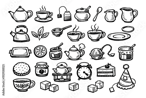 continuous line drawing icons of tea pot with tea leaves and cup
