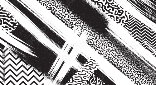 Abstract black and white diagonal pattern with varied textures like brush strokes, zigzags, and organic shapes for a dynamic, modern, and versatile background.
