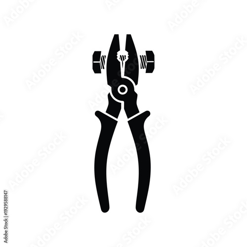 Industrial pliers and nut bolt hardware icon silhouette design element for maintenance repair tool graphic illustration