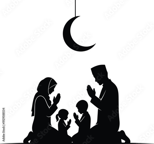 muslim family praying together under crescent moon islamic worship ramadan faith silhouette religious devotion spiritual night illustration