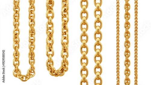 A collection of various styles and thicknesses of polished golden chains