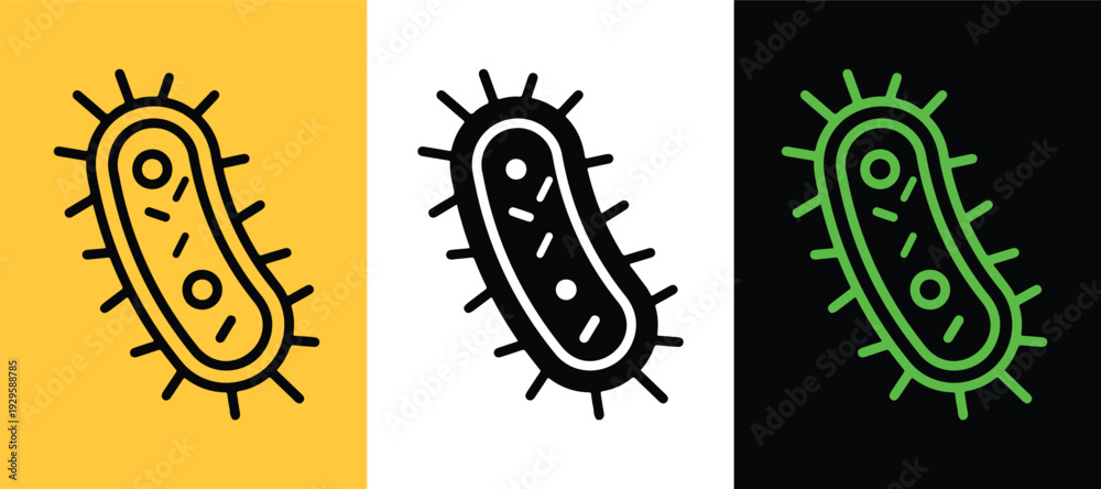 Fototapeta premium Three stylized bacterium with flagella on yellow white and black backgrounds microbe cell biology science
