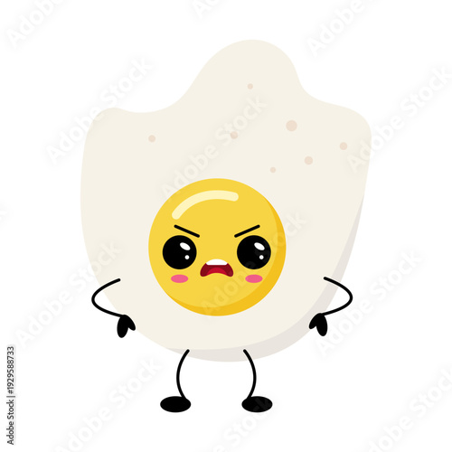 Hand Kawaii Drawn Angry Fried Egg. Minimalist character suitable for apps, sticker, children book, decoration, animation, design assets and illustration in general