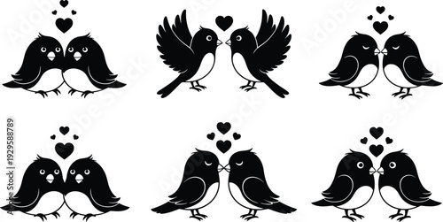 Cute love birds couple collection with hearts, black silhouette vector illustration set isolated on white background for Valentine greeting card design