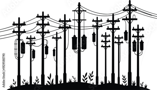 Silhouette Illustration of Electric Power Lines and Utility Poles with Transformers and Hanging Wires Against a Clean White Background for Infrastructure Design