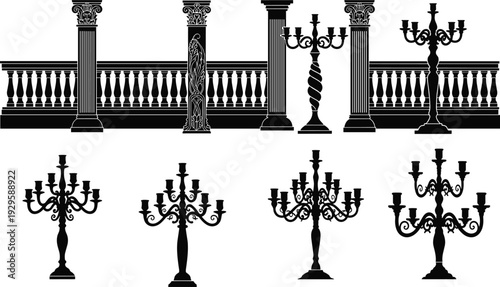 Classic architectural columns and ornate candelabras vector set, vintage black silhouette illustration isolated on white background, decorative antique design collection