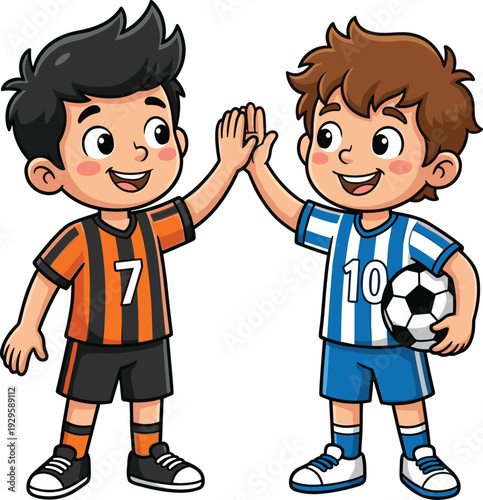 Cartoon illustration of young soccer players giving high five teamwork friendship sportsmanship cheerful kids artwork perfect for athletic children content education and collaboration