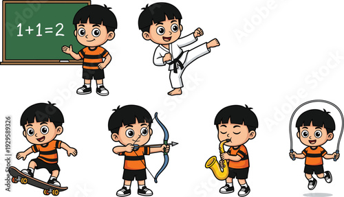 Children activity vector illustration with boy studying martial arts skateboarding playing music and sports—ideal for educational artwork school branding lifestyle design and creative projects