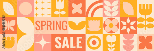 Spring sale banner. Floral geometric background. Abstract nature. Leaves and flowers.